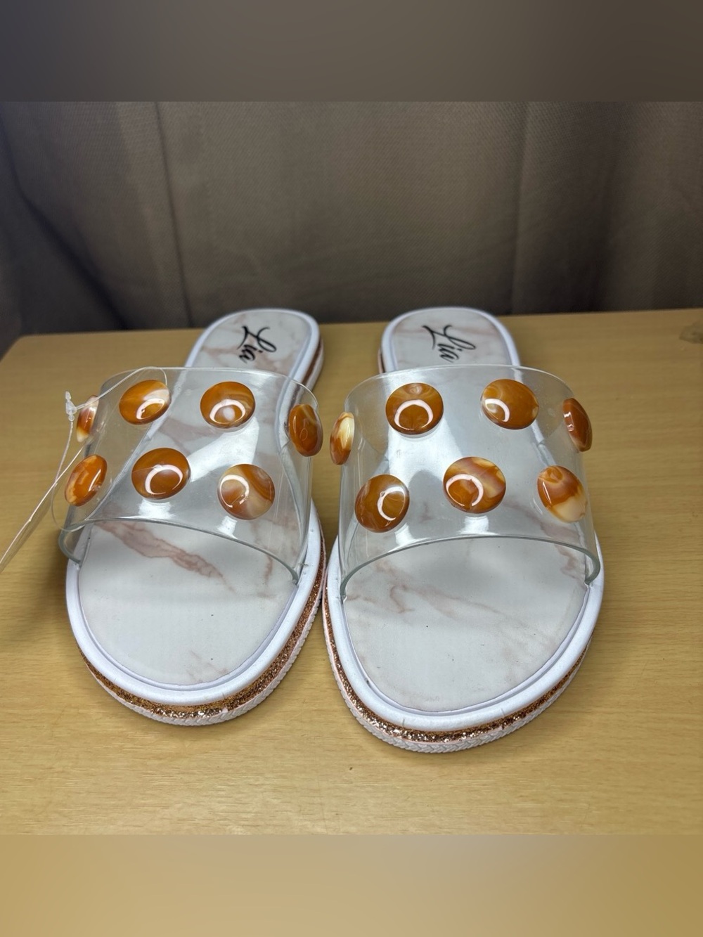 Clear Slide Sandals with Amber Dot Accents